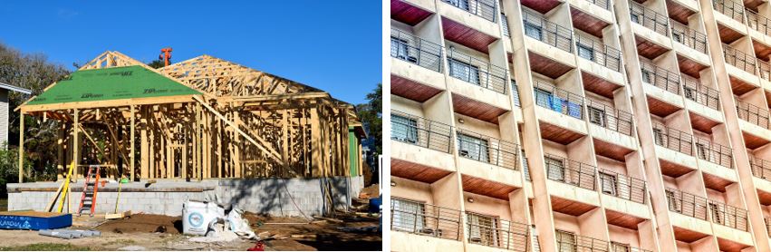 maison ossature bois a gauche immeuble beton prefab a droite