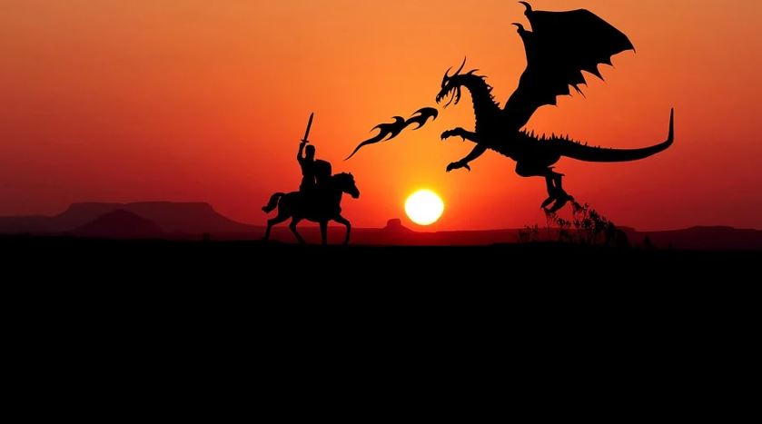 combat-chevalier-dragon-sur-fond-de-coucher-de-soleil-illustration-pretexte